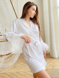 Taooba Linad Feather Splicing Robes V-Neck Elegant Women's Dressing Gown Long Sleeves Night Dress Women Solid Satin Pajamas With Sashes