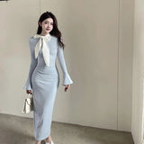 Taooba-Elegant Bottoming Bow Maxi Dress Spring/Summer Women' Dress 2024 New O-neck Full Flare Sleeve Solid Skinny High Waist Sexy Dress