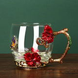 1pc Flower Enamel Crystal Tea Cup Heat Resistant Coffee Mug Butterfly Flower Water Cups Clear Glass with Spoon Set  Coffe Cup