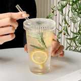 Taooba-Stripe Glass Cup with Lid Straw Japanese Style 375ml Drinking Chic Mugs Milk Coffee Drinkware Tea Birthday Gifts whiskey Glasses