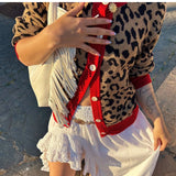 Taooba Women Open Front Leopard Cardigan Cheetah Print Knit Tops Oversized Button Down Crew Neck Sweater Cardigan Jacket