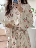 Taooba Christmas Outfit Women Robe Ruffles Sleepwear V-Neck Bathrobe Kimono Robes with Belt Korean Night Dress Bridesmaid Dressing One Piece Pajamas