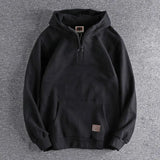 Taooba Men's Clothing Black Half Zip Sweatshirts for Man Warm Hoodies Solid Hooded Fleeced Y2k Vintage High Quality Korean Style Loose