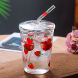 1pc Glass Water Cup Strawberry Clear Tumbler With Lid And Straw Transparent Bottle Wide Mouth Glass Cup for Home Office Outdoor