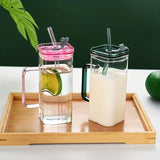 13.8oz Square Glass Cups with Handle and Straw Reusable Freezer Multipurpose Drinkware BPA-Free Recycled Glass Hand Wash Only