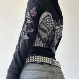 Taooba 00s Aesthetic Vintage Jacket Y2k Grunge Zip Up Sweatshirt Flower Wings Print Slim Fit Hoodies E-girl Gothic Cool Street Outwear