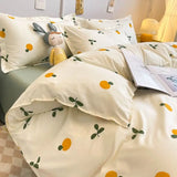 Ins Style Duvet Cover Set with Flat Sheet Pillowcases Cute Orange Cherry Crow Printed Single Double Queen Size Girls Bedding Kit