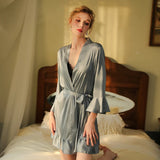 Taooba RONGTAI Womens faux silk Ruffled Bathrobe Ladies sexy pajamas Oversized Nightgown High end sleepwear Home Wear 6057