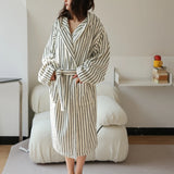 Taooba-New ins style simple pinstripe color matching hooded loose home bathrobe pure cotton long-staple cotton skin-friendly and water-