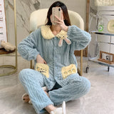 Taooba-Thick Coral Fleece Pajamas Sets Lapel Women Long Sleeves Cute Bunny Shirt Pant Sleep Suit Homewear 2Pcs Casual Loungewear