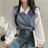 Taooba False Two-piece Polo Collar Women's Blouse Spring Casual Korean Shirt Y2k Tops Streetwear Loose Female Pullovers Elegant Blouses