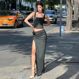 Taooba-2024 spring new women's fashionable and sexy temperament street shooting U-neck suspender top slit half-length skirt suit