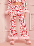 Taooba-Women Valentine's Day Loungewear Set Heart Print Feather Cuff Long Sleeve Lapel Button Down Tops with Long Pants