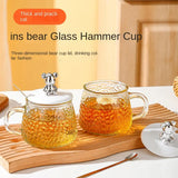 Taooba-1pc 400ml Hammered Bear Glass Cup Coffee Mug Simple Ins Style Female Water Cup with Handle Lid Breakfast Transparent Tea Cup