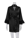 Taooba Linad Feather Splicing Robes V-Neck Elegant Women's Dressing Gown Long Sleeves Night Dress Women Solid Satin Pajamas With Sashes