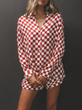 Taooba-Women Pajama Set Loungewear Checkerboard Print Long Sleeve V-Neck Shirt with Elastic Waist Shorts 2 Pieces Sleepwear