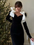 Taooba-Elegant Black Velvet Maxi Dress Contrast Bow Decor Summer Women V Neck Long Sleeve Bodycon Dresses Chic Lady Party Evening Robe