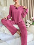 Taooba Women Autumn Winter Sleepwear Ribbed Pajamas Set Long Sleeve Top and Long Pants 2 Piece Set Casual Homewear Loungewear