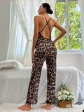 Taooba Women's Sleepwear Leopard Print Crisscross Back Lace Trim Mesh Lounge Wear Jumpsuit 1 Piece Lingerie Deep V Teddy Sexy Bodysuit