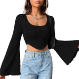 Taooba-Textured Crop Top 2000s Aesthetic Women Long Sleeve Scoop Neck Hanky Hem Solid Color Slim Fit T-Shirt y2k Clothing Streetwear