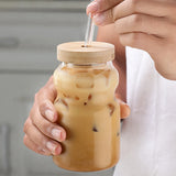 Taooba-350ml Glass Cups With Lid and Straw Mason Jar Clear Juice Milk Cup With Bamboo Lids Drinkware Simple Stripe Juice Milk Mocha Cup