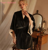 Taooba-Warm Velvet Sleepwear Sexy Lace Trim Bathrobe Women Velour Wedding Bride Robe Loose Kimono Gown Femme Nightgown Loungewear