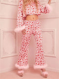 Taooba-Women Valentine's Day Loungewear Set Heart Print Feather Cuff Long Sleeve Lapel Button Down Tops with Long Pants