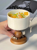 Taooba-High Aesthetic Retro Ins Style French Elegant Wooden High Legged Ceramic Cup Ice Cream And Yogurt Dessert Pudding Cup