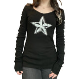 Taooba Star Pattern Rhinestone T-shirt Dark Academia Long Sleeve V Neck Pullovers Y2K Aesthetic Grunge E-girl Gothic Tees Tops Women