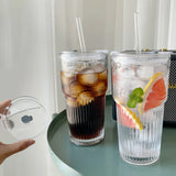 Taooba-1pc 600ml Stripe Glass Cup with Lid and Straw Transparent Drinking Glasses for Juice Iced Coffee Water Cup Outdoor Drinkware Mug