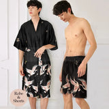 Taooba-Half Sleeve Print Men Satin Kimono Nightwear Crane Sleepwear Home Dressing Gown Robe Set Loungewear Nightgown Bathrobe