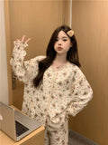 Taooba 2024 New Sweet Spring Women Home Suits Female Lace Trim Cute Pajamas Sets Girls Cartoon Long Sleeves Trousers Simple Nightwear