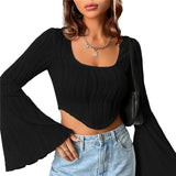 Taooba-Textured Crop Top 2000s Aesthetic Women Long Sleeve Scoop Neck Hanky Hem Solid Color Slim Fit T-Shirt y2k Clothing Streetwear