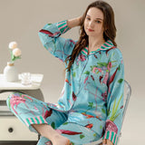 Taooba Women's Pajamas Sets Spring Autumn 2 Piece Flamingo Print Pyjama Faux Silk Satin Sleepwear Long Sleeve Pijama Mujer Pjs Homewear