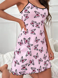 Taooba Butterfly Print Slip Nightdress Round Neck Sleep Dress Split Thigh Nighties Skinny Ladies Nightgown Cute Loungwear