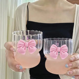 Taooba-Cute Round Bow Tie Glass Tea Cup Home Creative High Value Girls Fruit Tea Lemon Water Cup Vertical Pattern Mark Cups