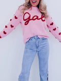 Taooba-Valentines Day Heart Printing Sweater for Women Long Sleeve Round Neck Letter Embroidered Knitted Pullover Jumper