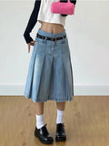 Taooba- Y2k Streetwear Denim Pleated Skirt Women Vintage Low Waist A-line Distressed Knee-lenght Jeans Skirt Japanese Fashion