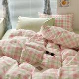 Taooba Nordic Pink Checkerboard Duvet Cover Sets With Pillowcases Flat Sheet Kids Girls Boys Full Queen Twin Size Kawaii Bedding Kit