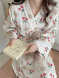 Taooba Women Robe V-Neck Sleepwear Print Bathrobe Kimono Robes with Belt Korean Night Dress Bridesmaid Dressing One Piece Pajamas