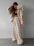 Taooba Casual Loose Print Pajamas Women Night Wears Elegant Long Sleeve Lace-Up Robes With Wide Pants Set Female Sleepwear