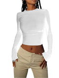 Taooba-Women Autumn Fitted Crop Tops Long Sleeve Crewneck Solid Color Open Back Slim T-shirt