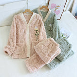 Taooba-Embroider Flower Pajamas V-Neck Sleep Set Wome Winter Thick Flannel Home Clothes with Pocket Warm Coral Fleece Nightwear