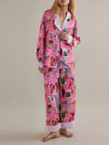 Taooba-Women Pajama Set Food Animal Print Long Sleeve Button Closure Tops with Pants Sleepwear Loungewear