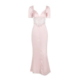 Taooba-Suninheart Wedding Guest Dresses Women 2024 Autumn Pink Elegant Short Sleeve Lace Party Dresses Long Maxi Formal Occasion Dress