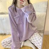 Taooba Christmas Outfit Fleece Thick Warm Women's Pajamas Set Winter Sleepwear Casual Solid Top and Plaid Pants Soft Pijamas Set for Women Home Suit