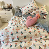 Floral Bedding Set No Filling Kawaii Rabbit Duvet Cover Flat Sheet Pillowcase Soft Bed Linens Single Full Dormitory Home Textile