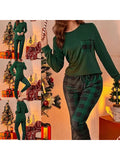 Taooba-Women Christmas Pajama Set Long Sleeves Shirt and Elastic Plaid Pants for Loungewear Soft Sleepwear for Nightwear