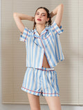 Taooba-Striped Pajamas for Women 2 Piece Pj Set Short Sleeve Button Down Blouse Lounge Shorts Pajama Set Sleepwear