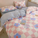 Checkerboard Flowers Bedding Set No Filler Duvet Cover Pillowcase Flat Sheet Twin Queen Size Boys Girls Floral Home Bed Linens